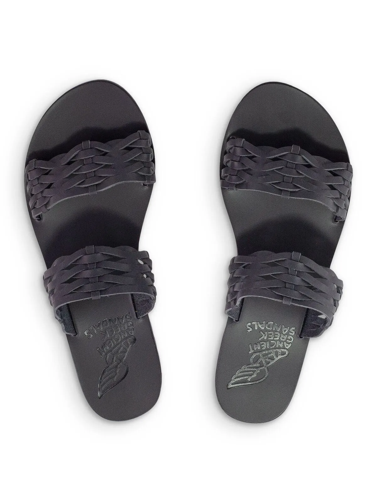 ANCIENT GREEK SANDALS Womens Black Woven Melia Round Toe Slip On Leather Slide Sandals Shoes
