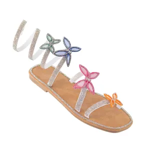 Atlanta - Embellished Spiral Coil Strap Flat Sandals, Rhinestone Butterfly Details, Glamorous Summer Footwear, Lightweight for Casual Outings