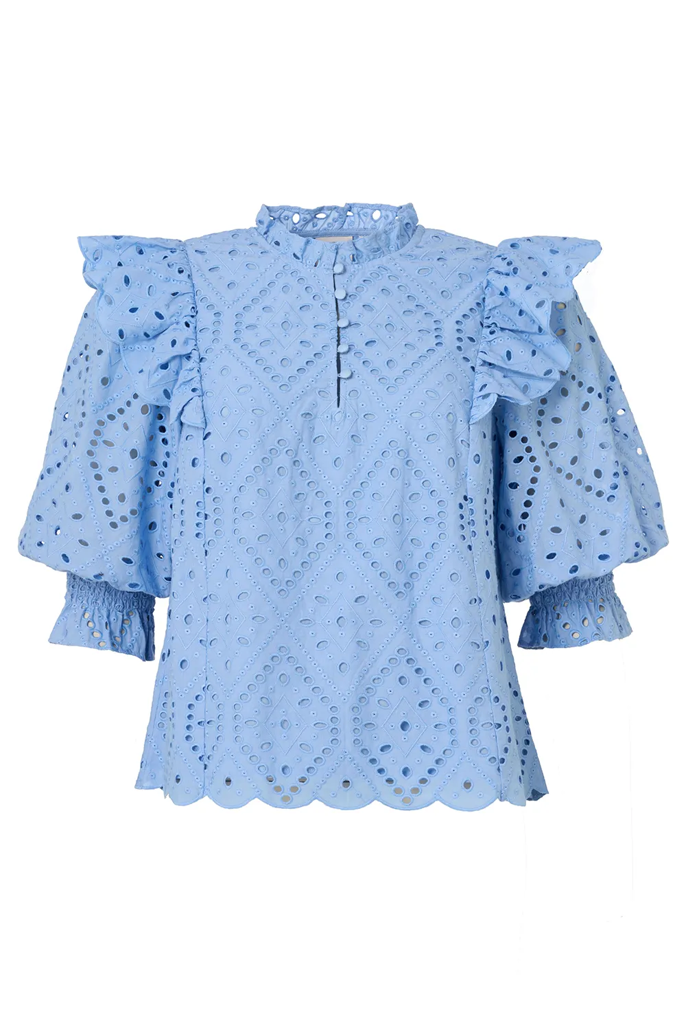 Blue Broderie Anglaise Frill Sleeve Blouse