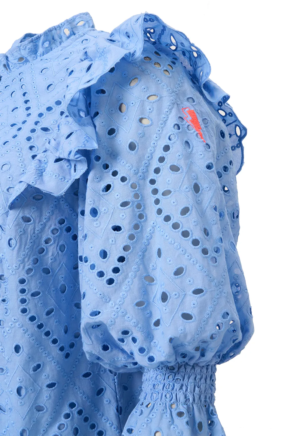 Blue Broderie Anglaise Frill Sleeve Blouse