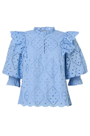 Blue Broderie Anglaise Frill Sleeve Blouse