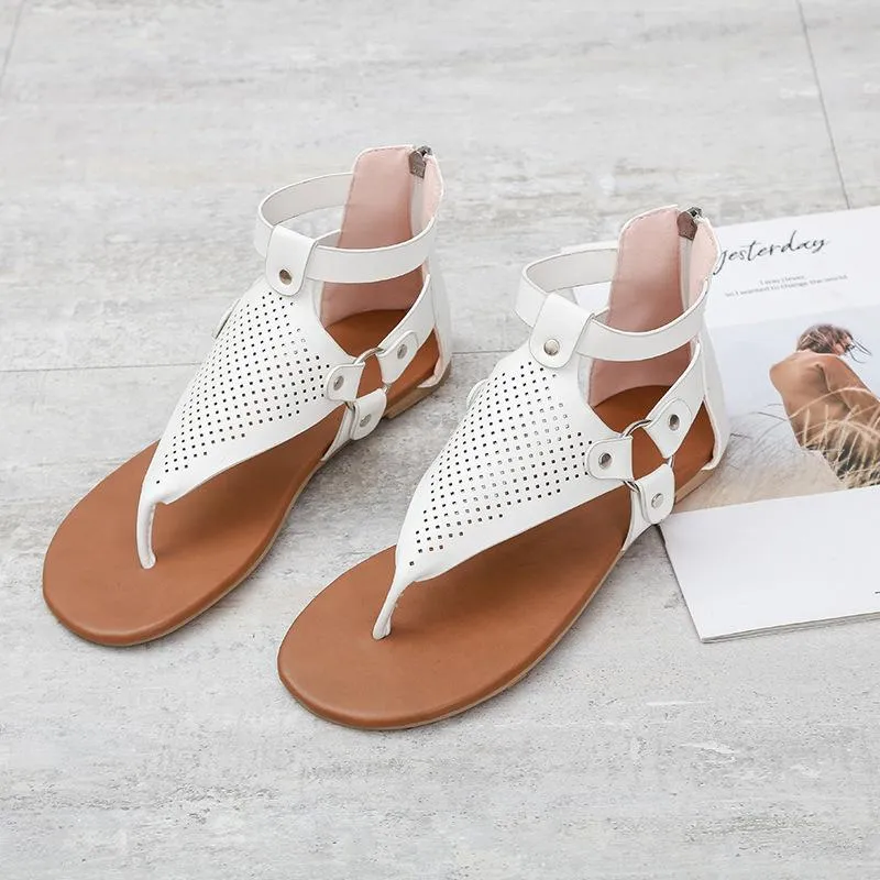 Chicvane Hollow Out Flip Flops with Zipper Flat Sandals