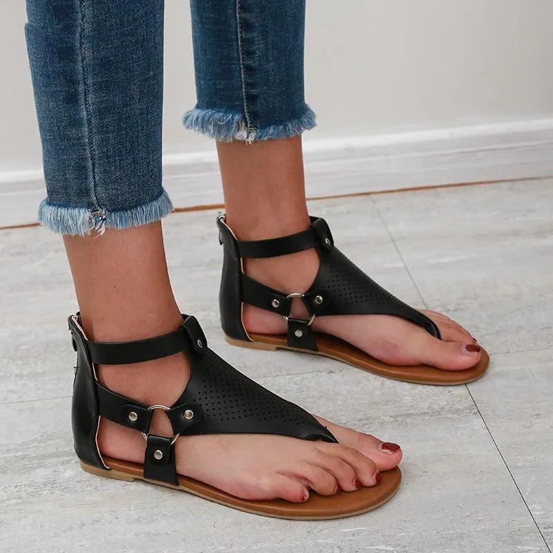 Chicvane Hollow Out Flip Flops with Zipper Flat Sandals