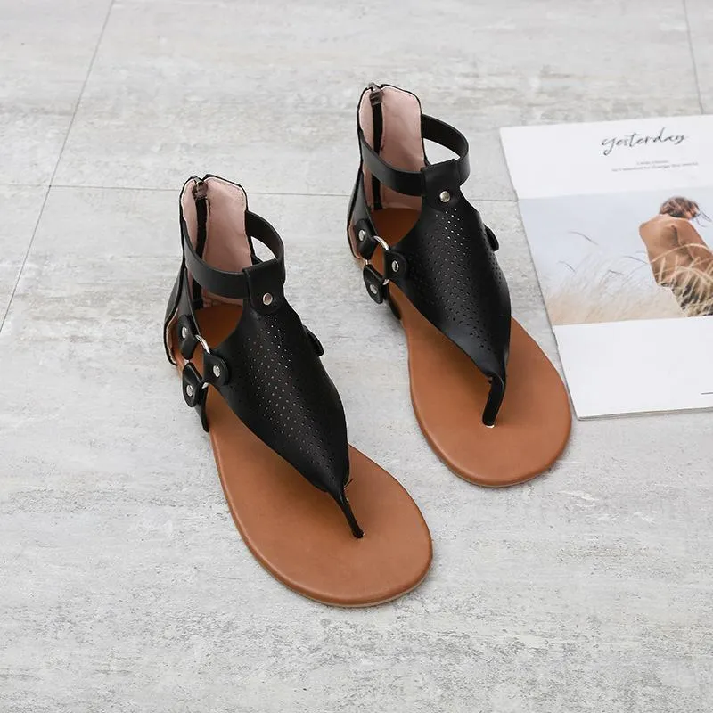 Chicvane Hollow Out Flip Flops with Zipper Flat Sandals