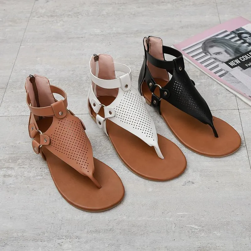 Chicvane Hollow Out Flip Flops with Zipper Flat Sandals