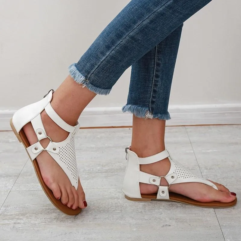 Chicvane Hollow Out Flip Flops with Zipper Flat Sandals