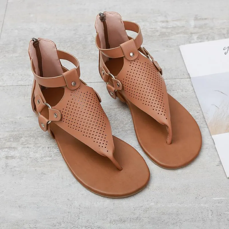 Chicvane Hollow Out Flip Flops with Zipper Flat Sandals
