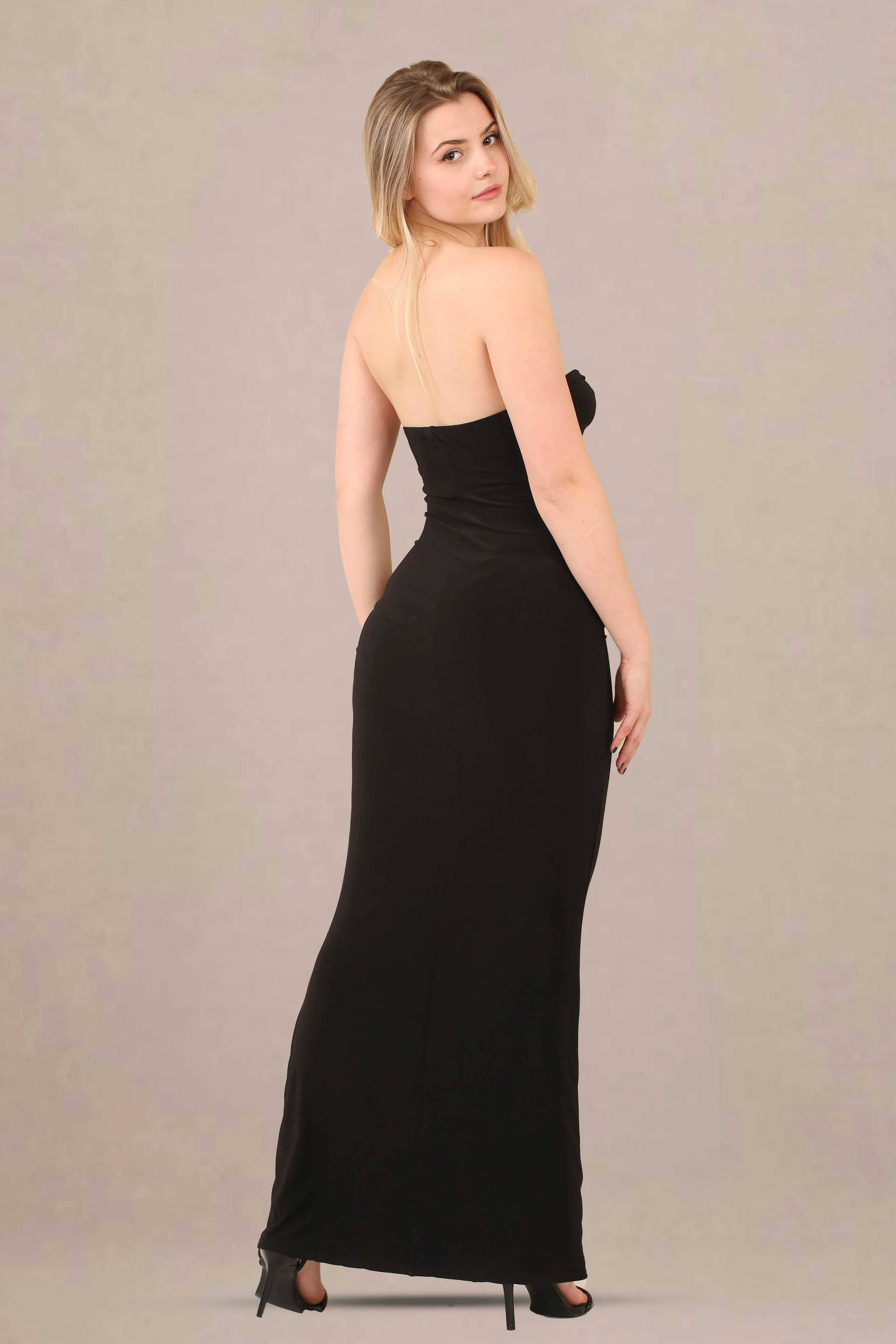 Classic Elegance: The Black Slinky Bandeau Maxi Dress
