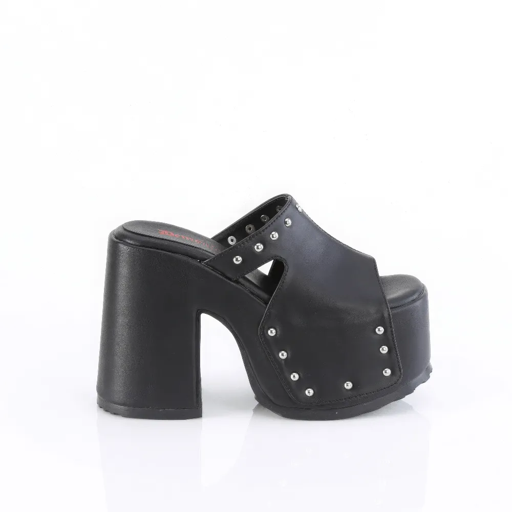 DEMONIA Black Platform Slide Sandals with Studded Details