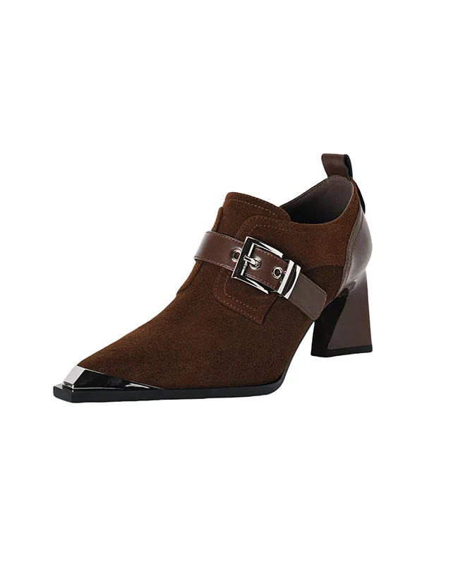 Elegant Splicing Chunky High Heels Brown Suede Pointed Toe RX010