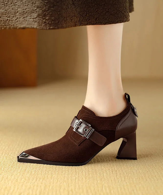 Elegant Splicing Chunky High Heels Brown Suede Pointed Toe RX010