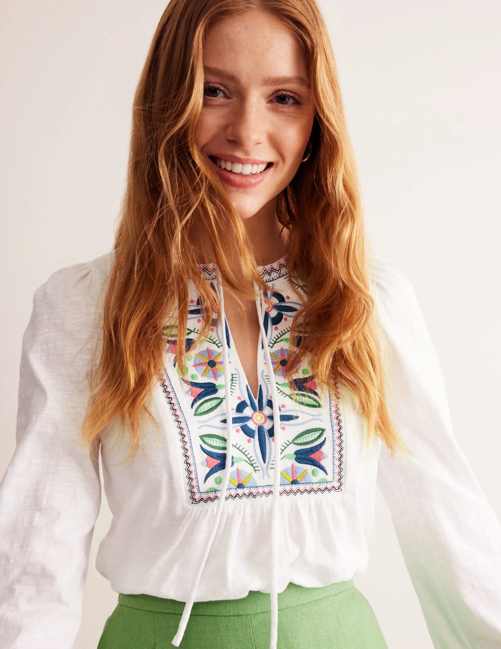 Embroidered Yoke Detail Top-White, Multi