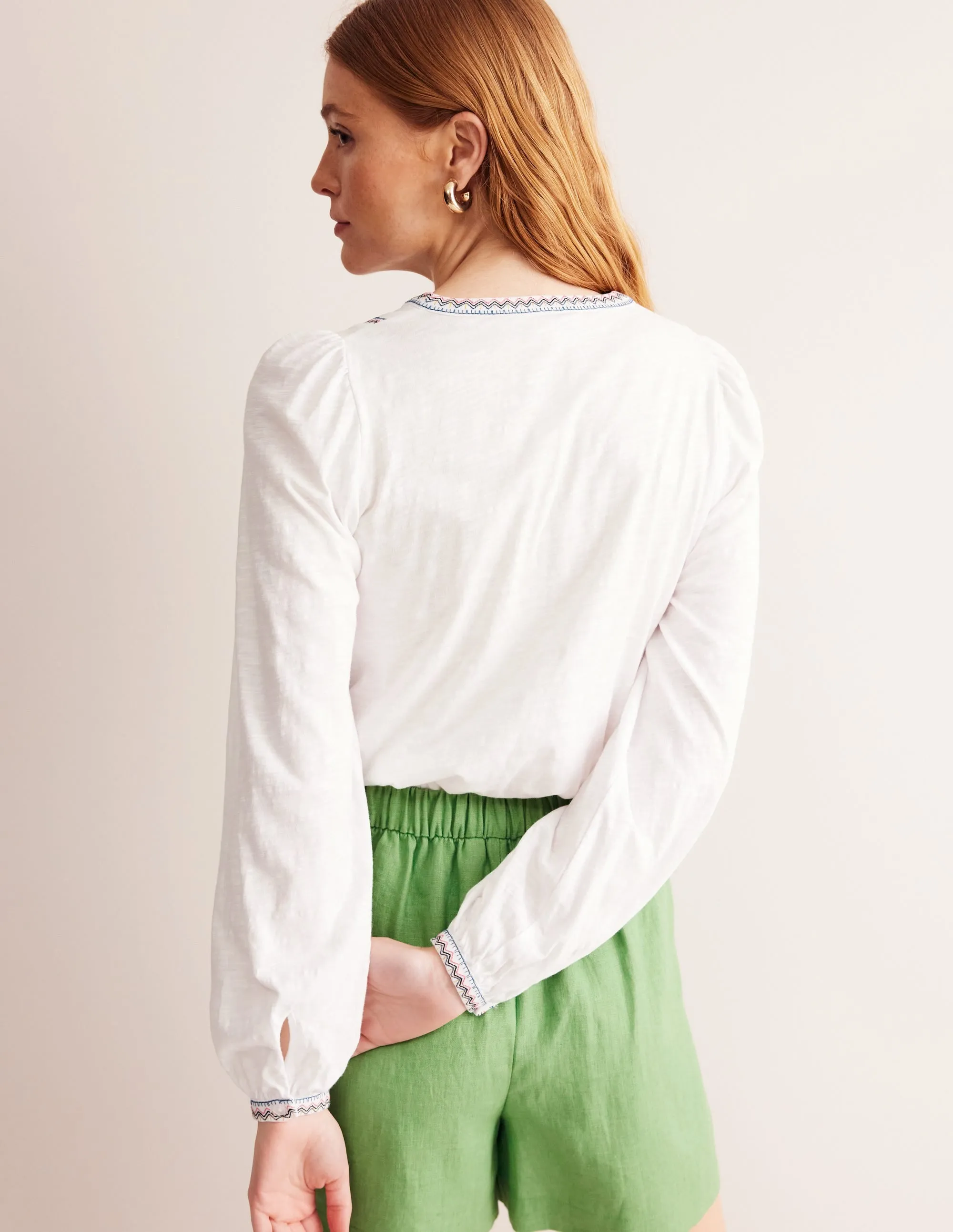 Embroidered Yoke Detail Top-White, Multi