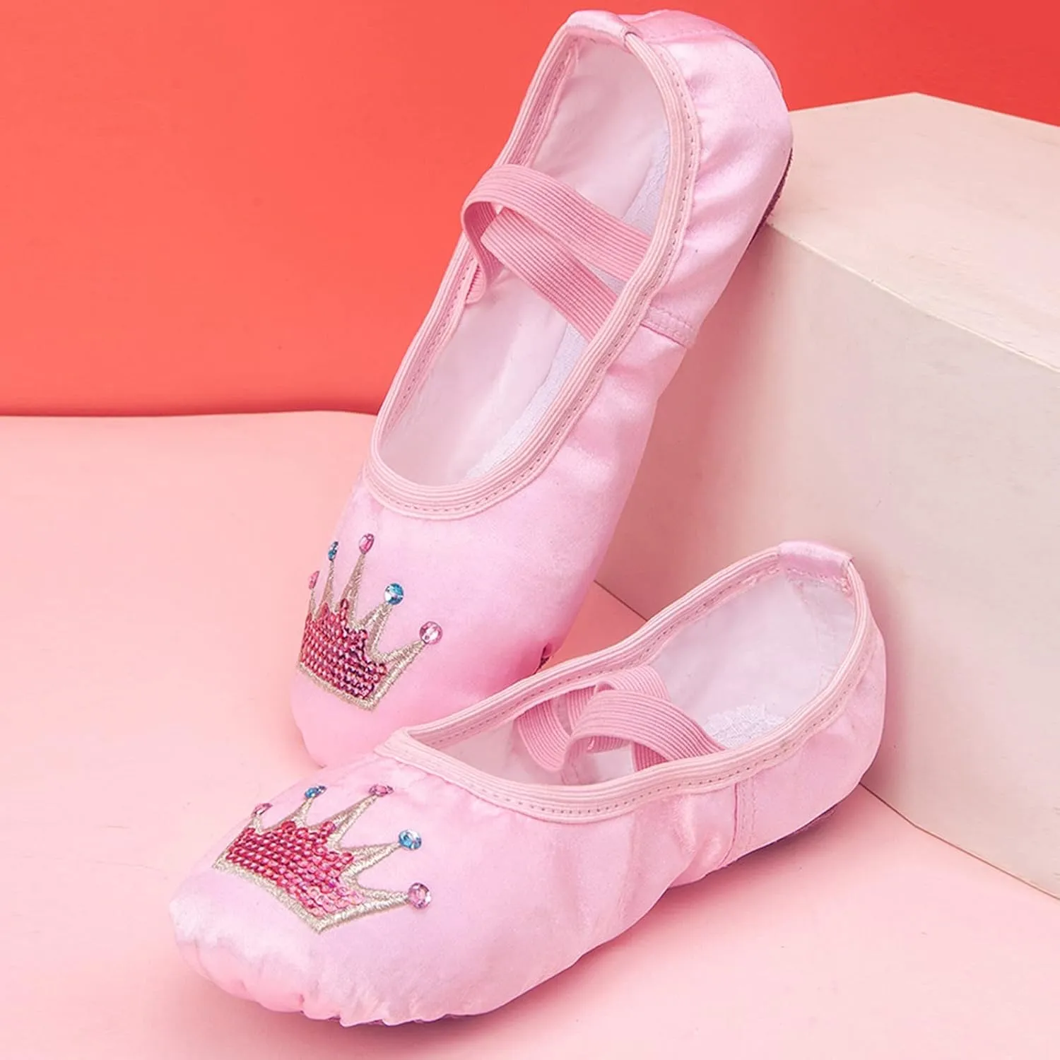 Girls Satin Ballet Shoes for Practice Ballet Slipper for Dancing Crown Soft Sole Elastic Laces Yoga Leather Flat