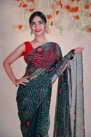 Gorgeous Green Bandhani  and satin half and half designer wrap in 1 minute saree