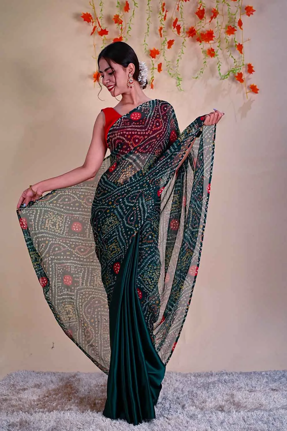 Gorgeous Green Bandhani  and satin half and half designer wrap in 1 minute saree