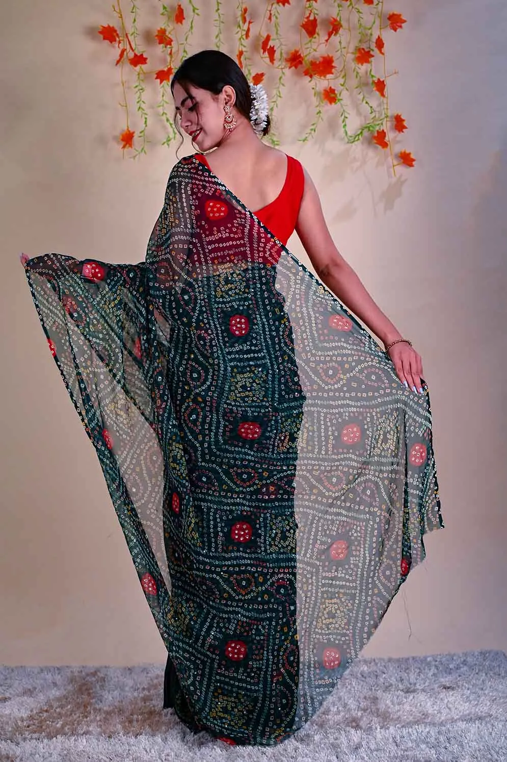 Gorgeous Green Bandhani  and satin half and half designer wrap in 1 minute saree