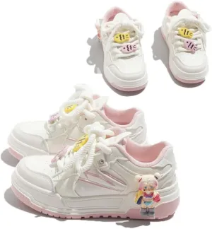 Kawaii Chunky Platform Sneakers for Teen Girls - Cute White & Pink Color Block Low Top Shoes with Detachable Laces, Comfy Thick Sole Casual Tennis Shoes (Beach Travel, School Sports)