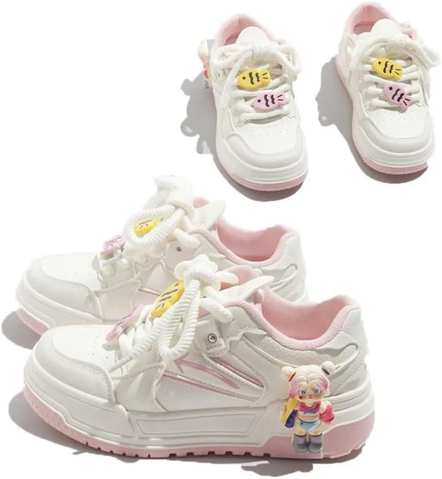 Kawaii Chunky Platform Sneakers for Teen Girls - Cute White & Pink Color Block Low Top Shoes with Detachable Laces, Comfy Thick Sole Casual Tennis Shoes (Beach Travel, School Sports)