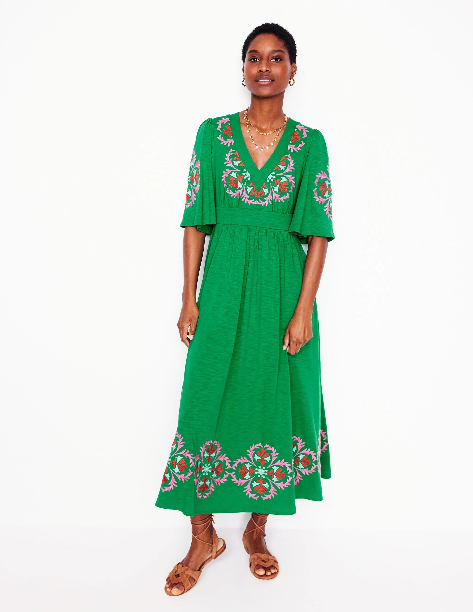 Maya Embroidered Kimono Dress-Rich Emerald, Embroidered