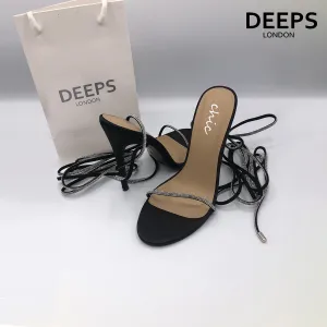 NOMI SATIN RHINESTONE LACE-UP HEELS BLACK