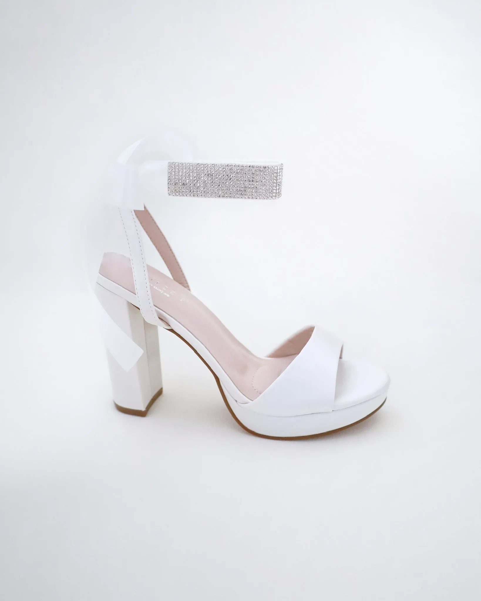 Satin Platform Block Heel Wedding Sandals with Rhinestones Strap