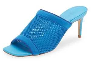 Schutz Sinara True Blue Wide Strap Slip On Open Toe Stiletto Mid Heel Sandals