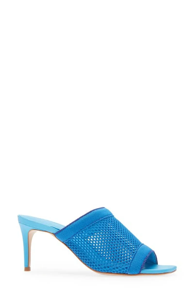 Schutz Sinara True Blue Wide Strap Slip On Open Toe Stiletto Mid Heel Sandals