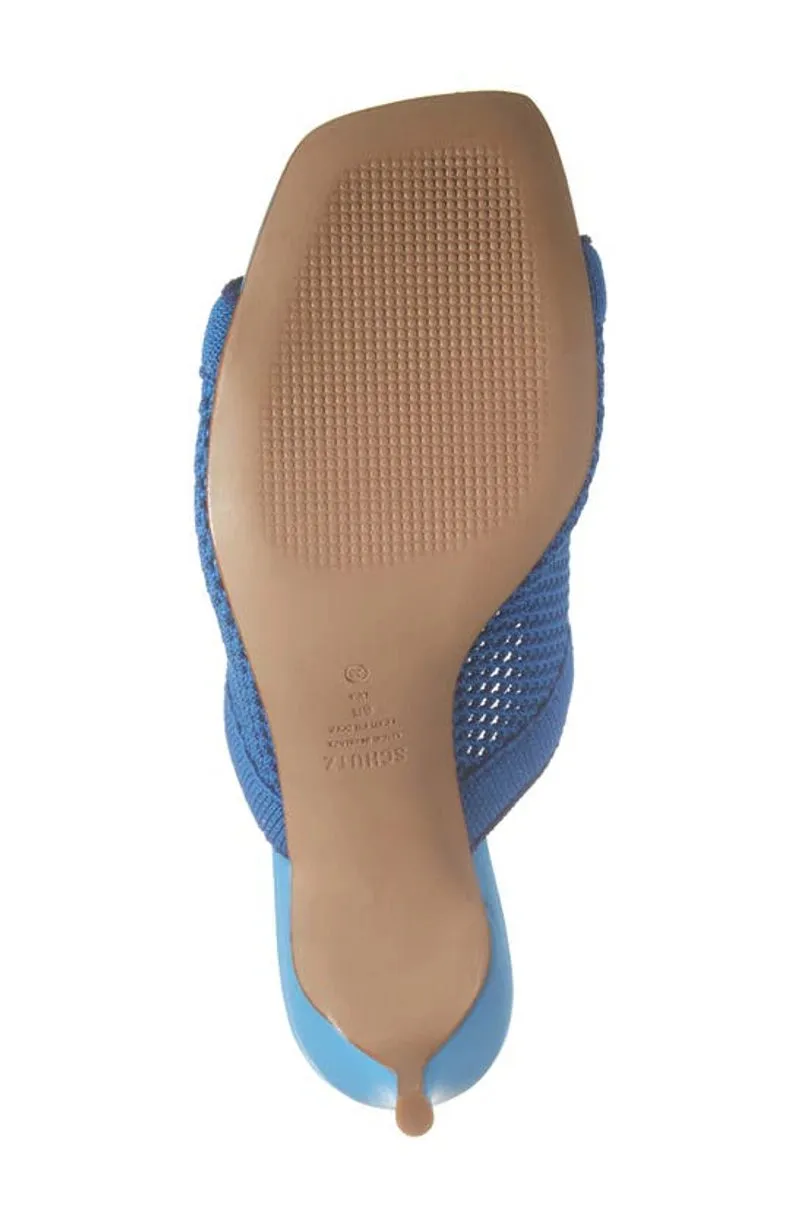 Schutz Sinara True Blue Wide Strap Slip On Open Toe Stiletto Mid Heel Sandals