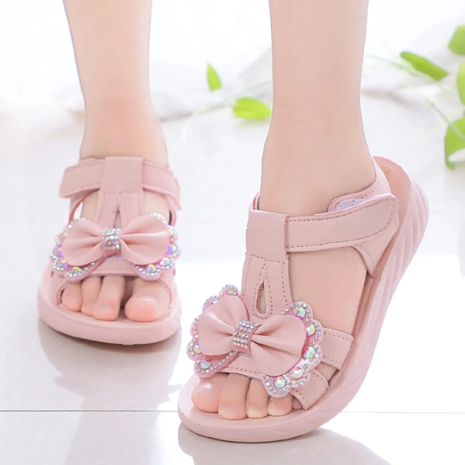 Toddler Children Girls Sandals Bow School Dress Shoes Close Back Round Toe Anti-Slip Platform Flat Sandal