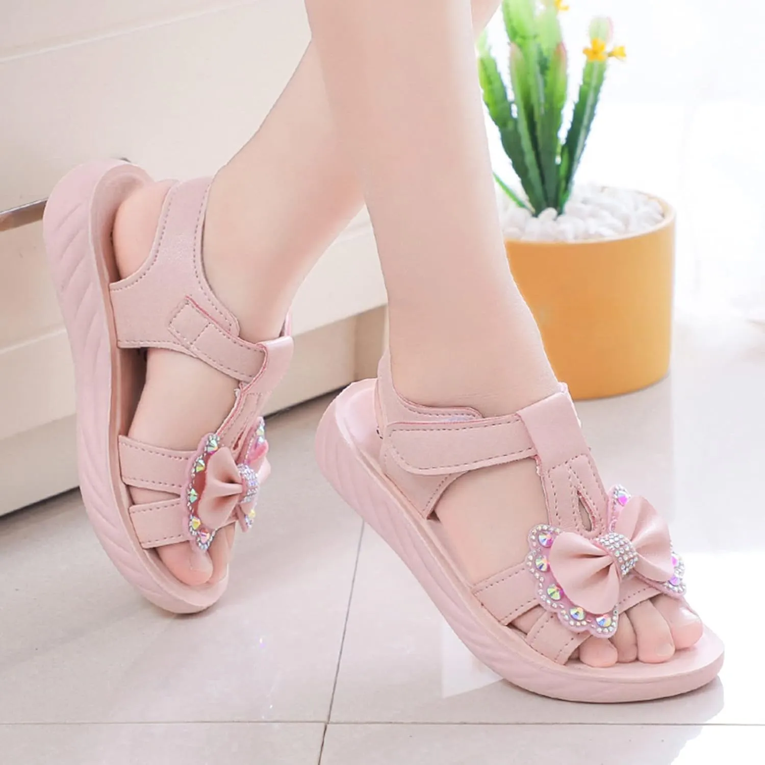 Toddler Children Girls Sandals Bow School Dress Shoes Close Back Round Toe Anti-Slip Platform Flat Sandal
