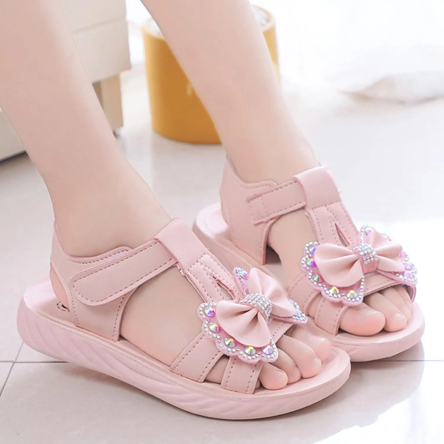 Toddler Children Girls Sandals Bow School Dress Shoes Close Back Round Toe Anti-Slip Platform Flat Sandal