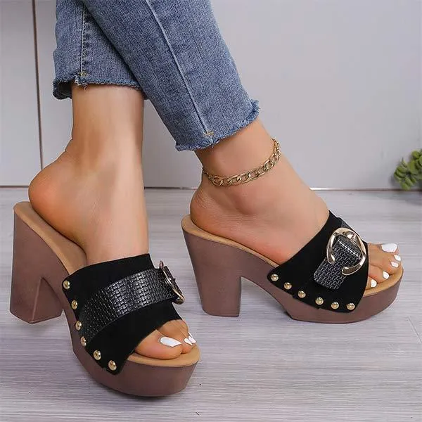 Women's High Heel Chunky Heel Sandals with Buckled Leather Straps 27510854C