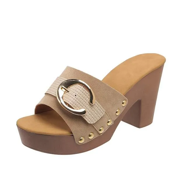 Women's High Heel Chunky Heel Sandals with Buckled Leather Straps 27510854C