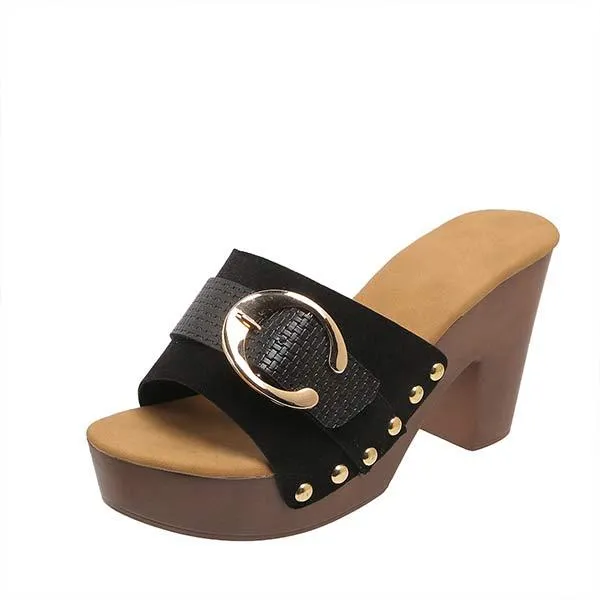 Women's High Heel Chunky Heel Sandals with Buckled Leather Straps 27510854C