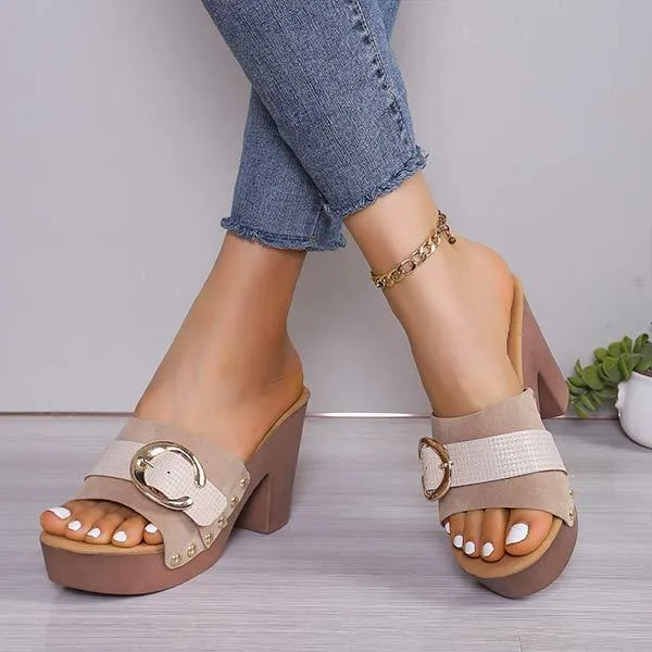 Women's High Heel Chunky Heel Sandals with Buckled Leather Straps 27510854C