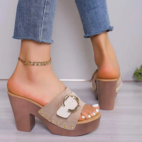 Women's High Heel Chunky Heel Sandals with Buckled Leather Straps 27510854C