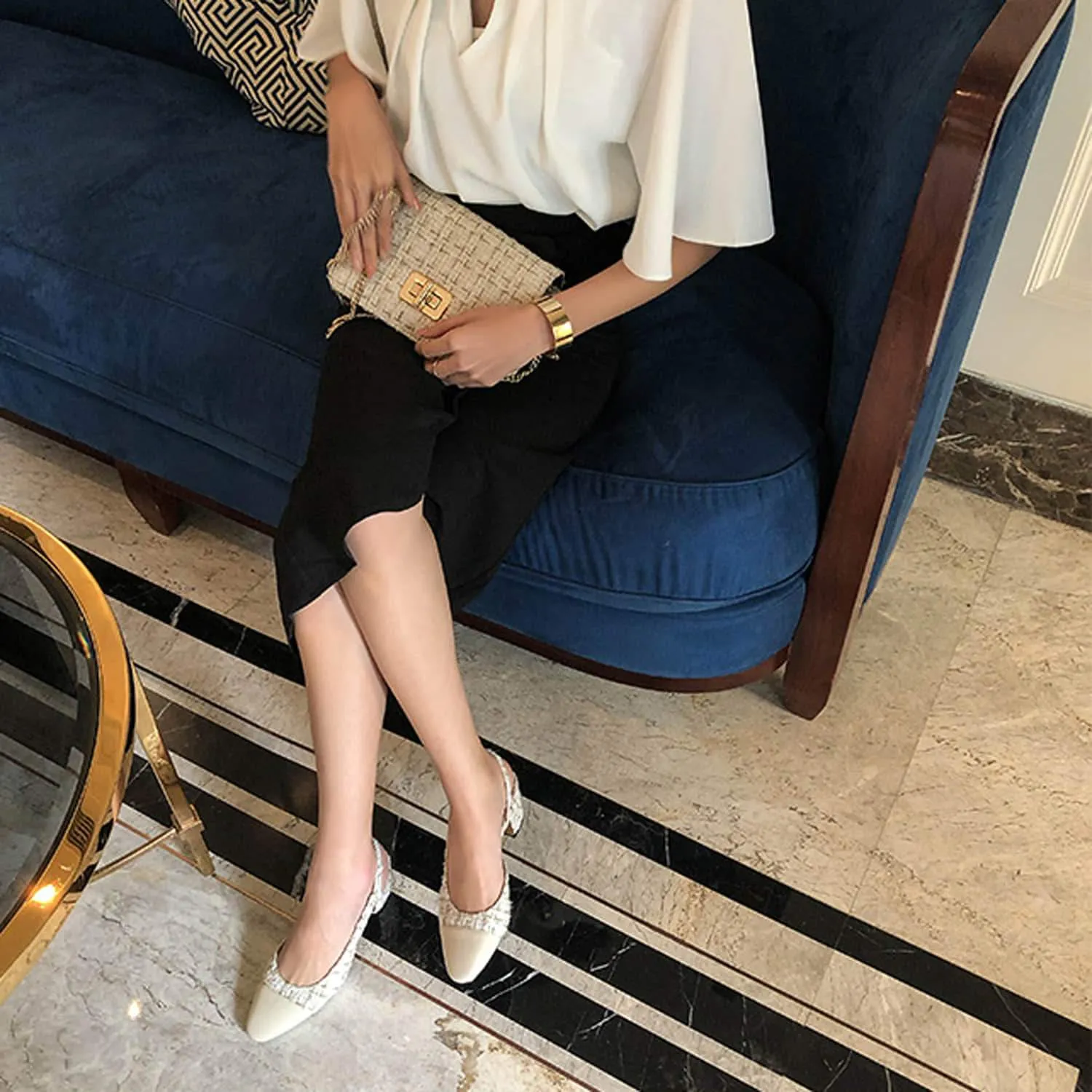 Woven Colorblock Patchwork Slingback Thick Heel Sandals