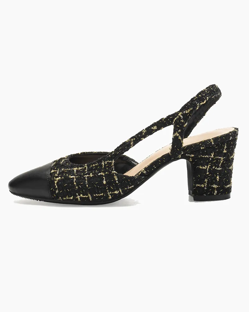 Woven Colorblock Patchwork Slingback Thick Heel Sandals