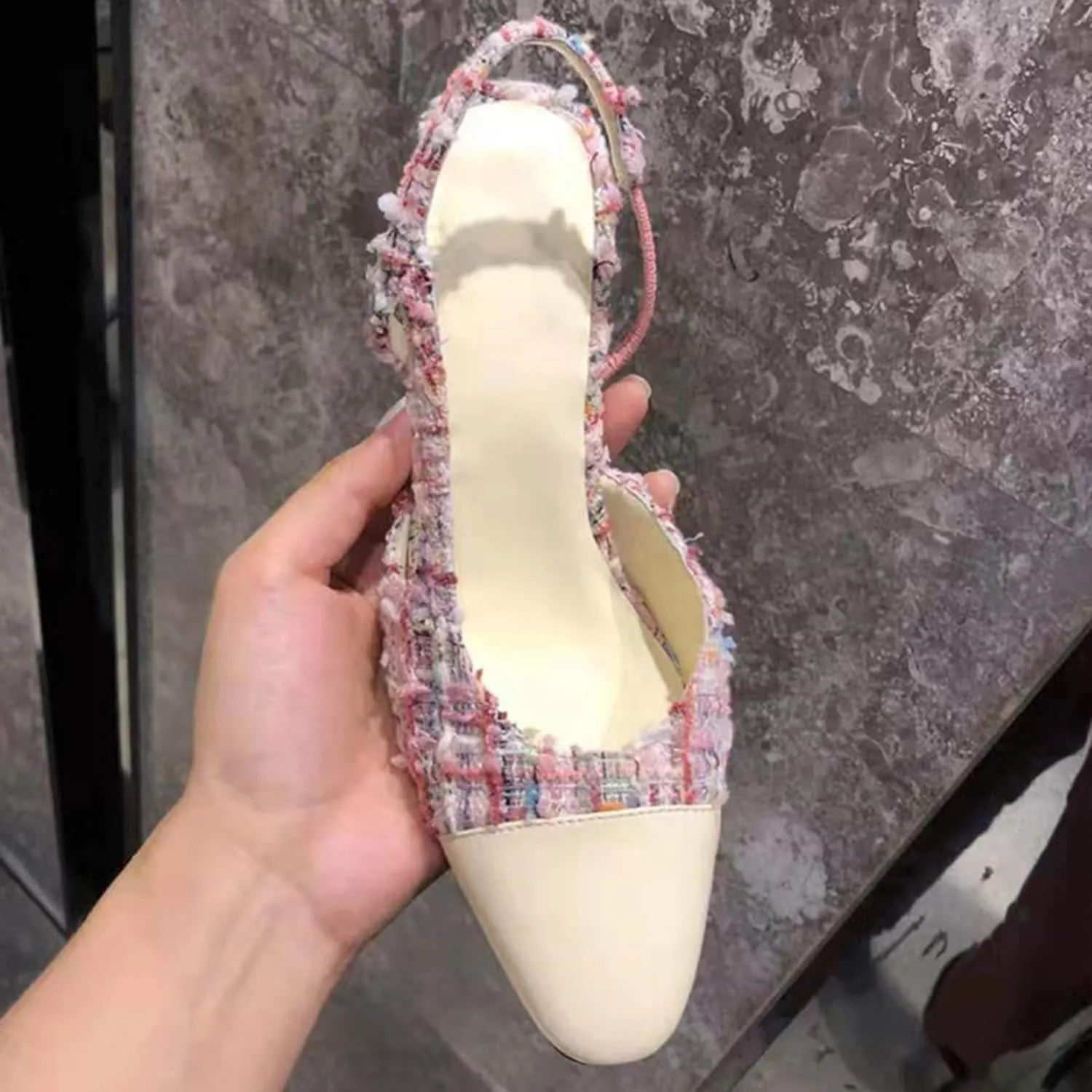 Woven Colorblock Patchwork Slingback Thick Heel Sandals